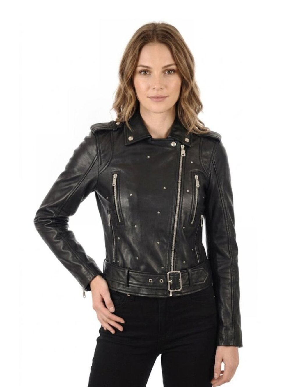 Sam Edelman Starburst Studded Crop Moto Jacket, Black Leather, Women's Size XS